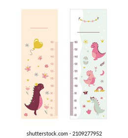 Child height meter for kindergarten. Cute dinosaurs. Kids height chart. Cute scale measurement for kids grow. Baby growth measure meter. Vector isolated illustration.