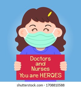 The child held a sign with a message praising the medical staff as the hero working in the hospital and fighting with the coronavirus(COVID-19), Vector illustration background for your design