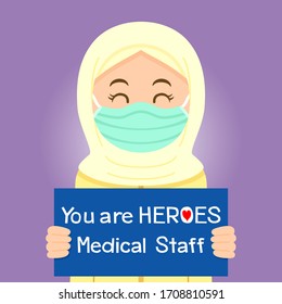 The child held a sign with a message praising the medical staff as the hero working in the hospital and fighting with the coronavirus(COVID-19), Vector illustration background for your design