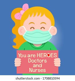 The child held a sign with a message praising the medical staff as the hero working in the hospital and fighting with the coronavirus(COVID-19), Vector illustration background for your design