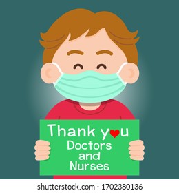 The child held a sign with a message thanking the doctors and nurses working in the hospital and fighting with the coronavirus(COVID-19), Vector illustration background for your design