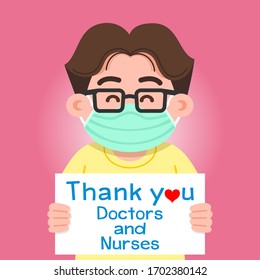 The child held a sign with a message thanking the doctors and nurses working in the hospital and fighting with the coronavirus(COVID-19), Vector illustration background for your design