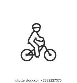 A child with a helmet riding a bicycle, linear icon. Line with editable stroke