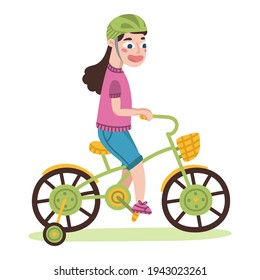 Child with helmet riding a bicycle. Vector illustration.