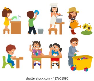 child help their parents with household chores. child doing homework. vector. 