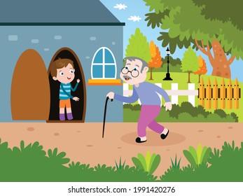 Child help vector concept. Boy helping his grandfather by open the door