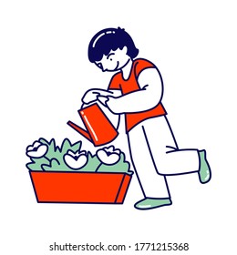 Child Helper Watering Home Plant in Flowerpot from Watering Can. Gardening Hobby, Boy Character Care of Domestic Flower in Pot at Home or Greenhouse Help to Parents, Chores. Linear Vector Illustration