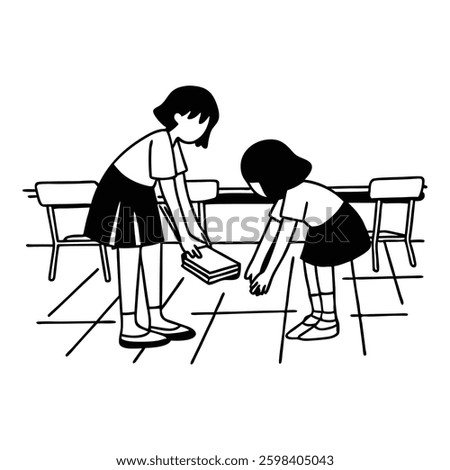 a child helping a classmate pick up books from the floor Silhouette vector art illustration