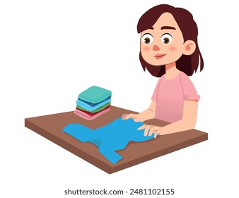 child helping with domestic activities, little girl folding her clothes. vector illustration.