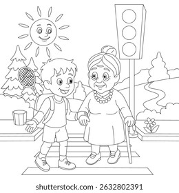 Child helping elderly woman cross the street. Black and white outline drawing for coloring book. Kindness, care, intergenerational support, safety, education concept.