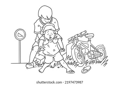 a child is helping a friend who fell off a bicycle, vector Illustration