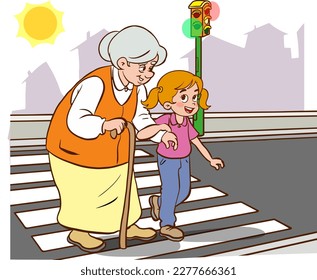 child helping old woman.old woman and child walking on crosswalk cartoon vector