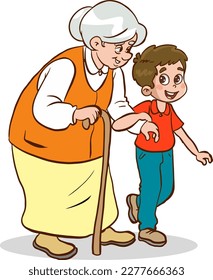 child helping old woman.old woman and child walking on crosswalk cartoon vector