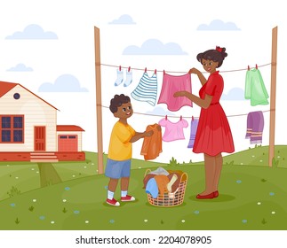 Child helps mother with housework concept. Kind little boy, together with his mother, hang clean washed linen or clothes to dry. Responsibility, diligence and support. Cartoon flat vector illustration