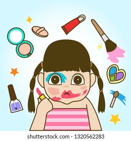 A child with her messy make up face paint , with her cosmetic on background