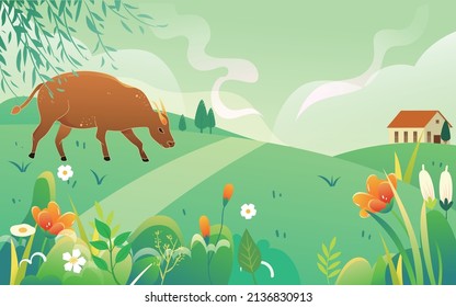 Child herding cow is playing the flute with cows and grass in the background, vector illustration