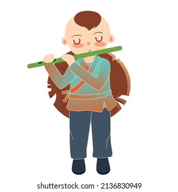 Child herding cow is playing the flute with cows and grass in the background, vector illustration