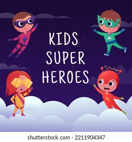 Child Hero. Brave Superhero Kids. Courage Baby Power. Happy School People Fly In Night Sky. Party Invitation Card. Heroic Fashion Costumes With Capes. Vector Cartoon Recent Poster Design