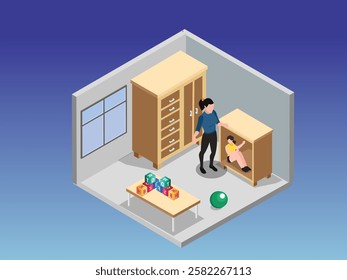 Child Hiding and Parent Searching in a Playroom 3d isometric vector illustration