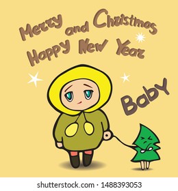 Child with his Christmas tree friend wishes Merry Christmas and Happy New Year. Cartoon Christmas Tree Frowning. In color