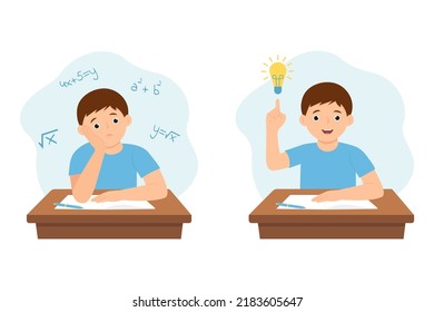 Niño en su escritorio resolviendo un problema matemático. El chico tiene una buena idea para hacer los deberes, hacer exámenes para hacer pruebas. Ilustración del vector