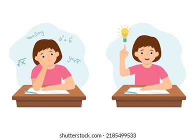 Child at his desk solving a math problem.Girl has a good idea to do homework, exam ot test. Vector illustration