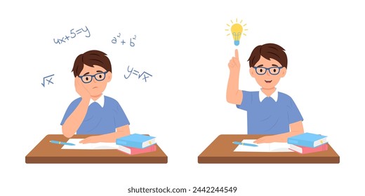 Child at his desk solving a math problem.Boy has a good idea to do homework, exam to test. Vector illustration