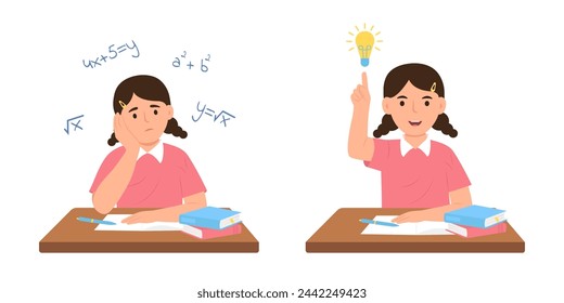 Niño en su escritorio resolviendo un problema de matemáticas. Niño tiene una buena idea para hacer la tarea, examen para probar. Ilustración de vector