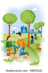 Child with his father planting a seedling in a garden. There are several trees and a squirrel. Behind them it's the city.