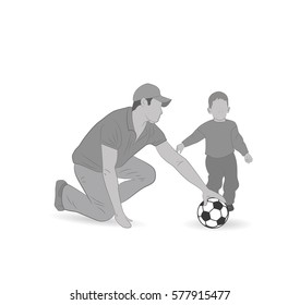 child with his father to play football. father's day. vector illustration.