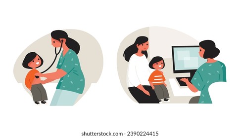 Child and his mother are sitting at the office of pediatrician. Doctor examining a child with a stethoscope.