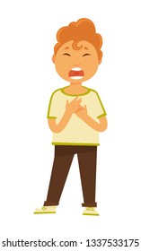 Child hobby and development boy singing kid doing arts vector isolated male character with open mouth song and melody live vocal musical performance schoolboy entertainment childish competition