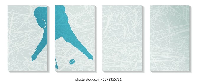 Child hockey player with a stick and a puck in a calm blue tint on a ice horizontal template. Minimal sports wall art. Lifestyle design for social media, blog post, print, cover, wallpaper. 