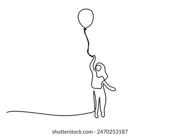 Child hold balloon continuous line drawing. Holiday festive present birthday gift concept. Vector illustration minimalist design hand drawn.