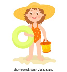 Child hold beach accessory. Happy girl in straw hat and inflatable doughnut ring.