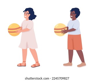 Child holding ball semi flat color vector character set. Outdoor game. Editable figure. Full body person on white. Family leisure simple cartoon style illustration for web graphic design and animation