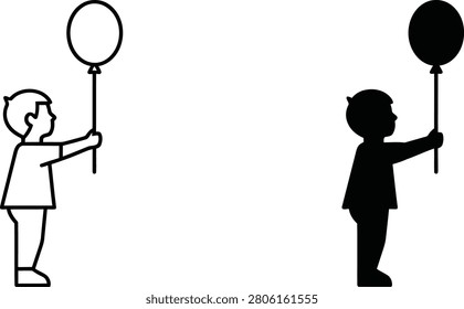 Child holding balloon outline and solid black silhouette icon set