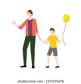 Child holding balloon, portrait view of parent and son go near, people full length in flat style. Characters in casual clothes isolated on a white vector