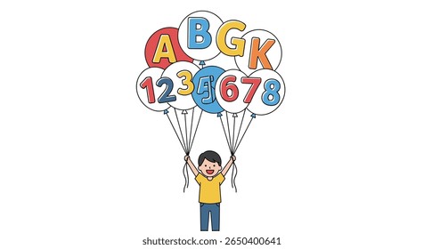 Child holding balloons with alphabet letters numbers floating in sky fun learning activity