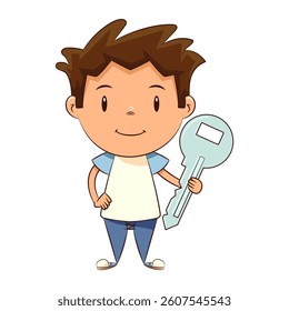 Child holding big key, vector illustration