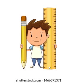 Child holding big pencil and ruler, happy cute kid