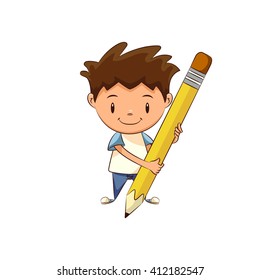 Child holding big pencil, vector illustration