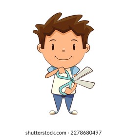 Child holding big scissors, happy cute kid