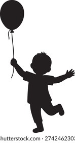 Child holding black balloon running joyfully isolated on white background