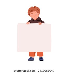 Child holding blank banner, paper sheet in hands. Happy smiling boy kid standing, showing empty clean placard for advertising, promotion. Flat vector illustration isolated on white background