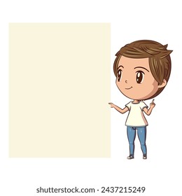 Child holding blank paper note, cute kid, drawing, vector illustration