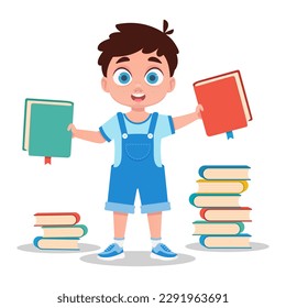 Child holding books, cute boy with books. Vector illustration