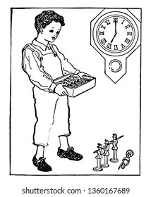 A child holding a box full of toys and some toys are placed at the ground. A wall clock behind him showing time as 7:00, vintage line drawing or engraving illustration.