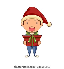 Child holding christmas gift, vector illustration