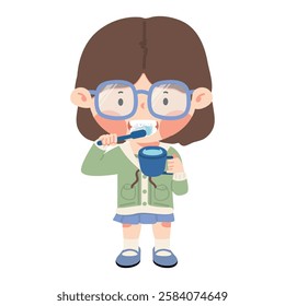 child holding a cup of water while brushing their teeth